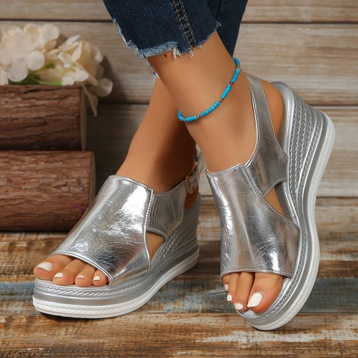 Stylish women's orthopedic summer shoes with wedge heel & fringe – Tilda-3.5-Silver-The Livary