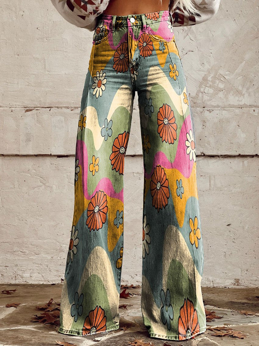Lightweight Long Ladies Trousers - Lina-Waves & Flowers-S-The Livary