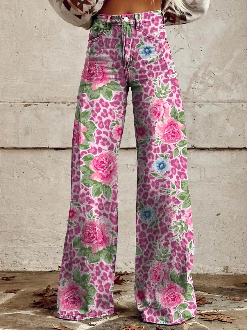 Lightweight Long Ladies Trousers - Lina-Pink Flowers-S-The Livary