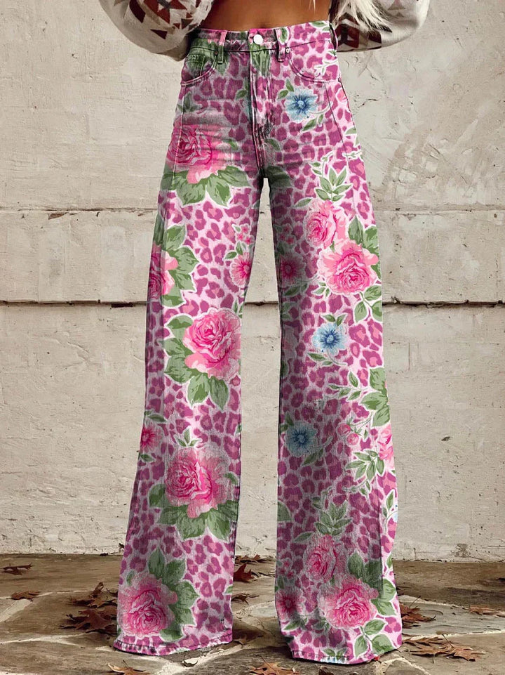 Lightweight Long Ladies Trousers - Lina-Pink Flowers-S-The Livary