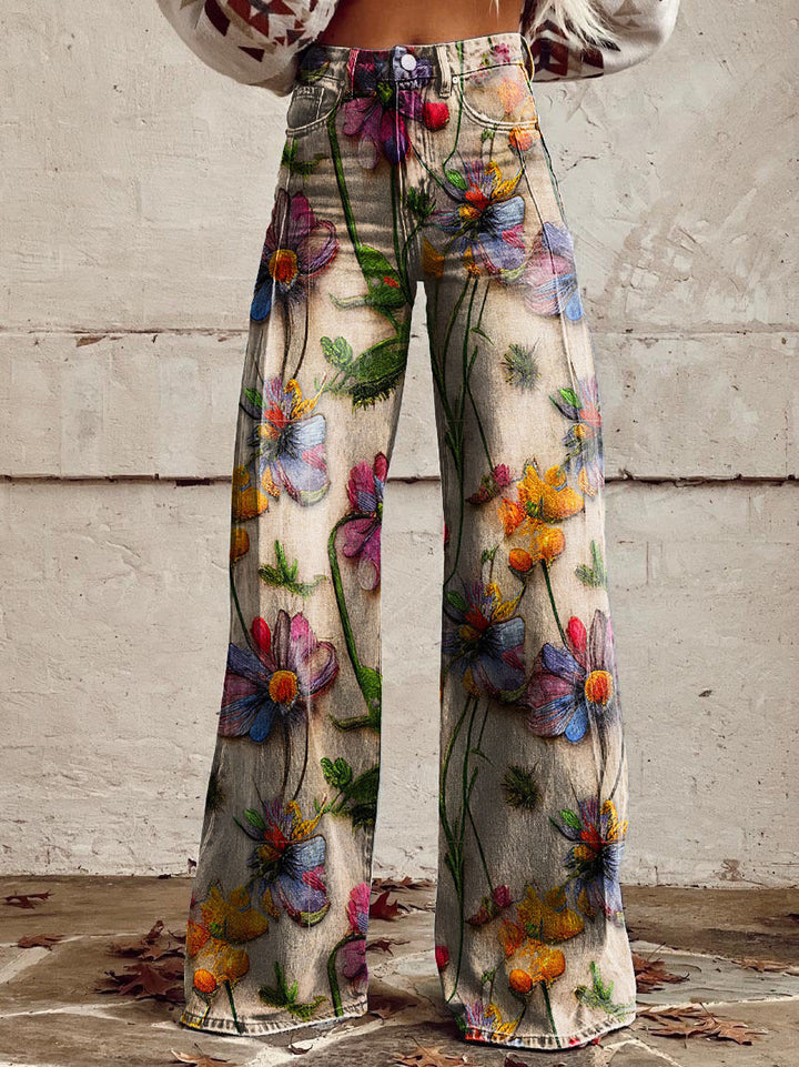Lightweight Long Ladies Trousers - Lina-Flowers-S-The Livary