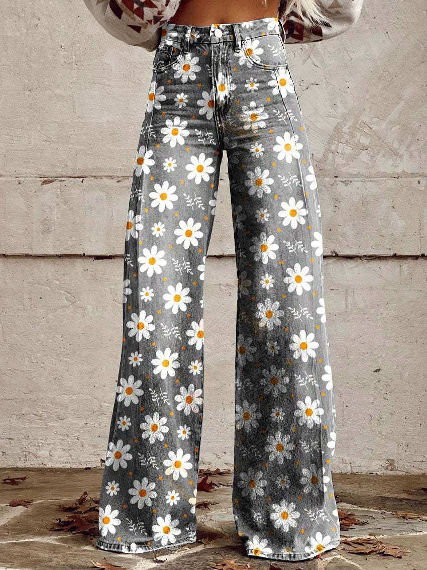 Lightweight Long Ladies Trousers - Lina-White Flowers-S-The Livary