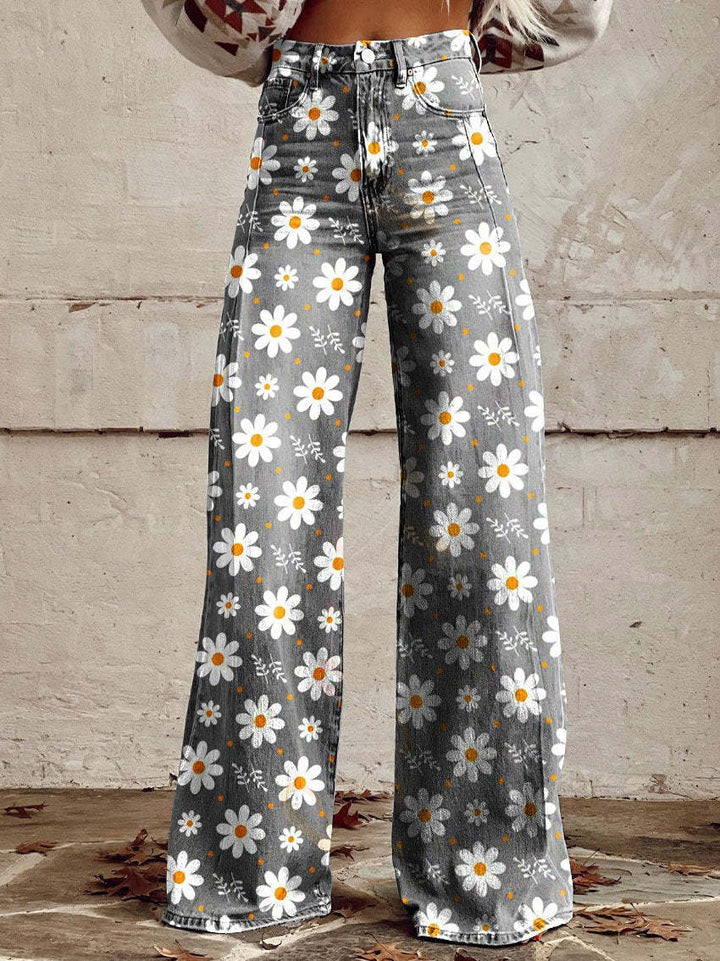 Lightweight Long Ladies Trousers - Lina-White Flowers-S-The Livary