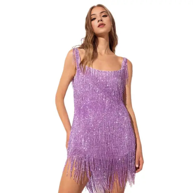 Sequin Dress with Fringes for Parties - Luna-Purple-S-The Livary