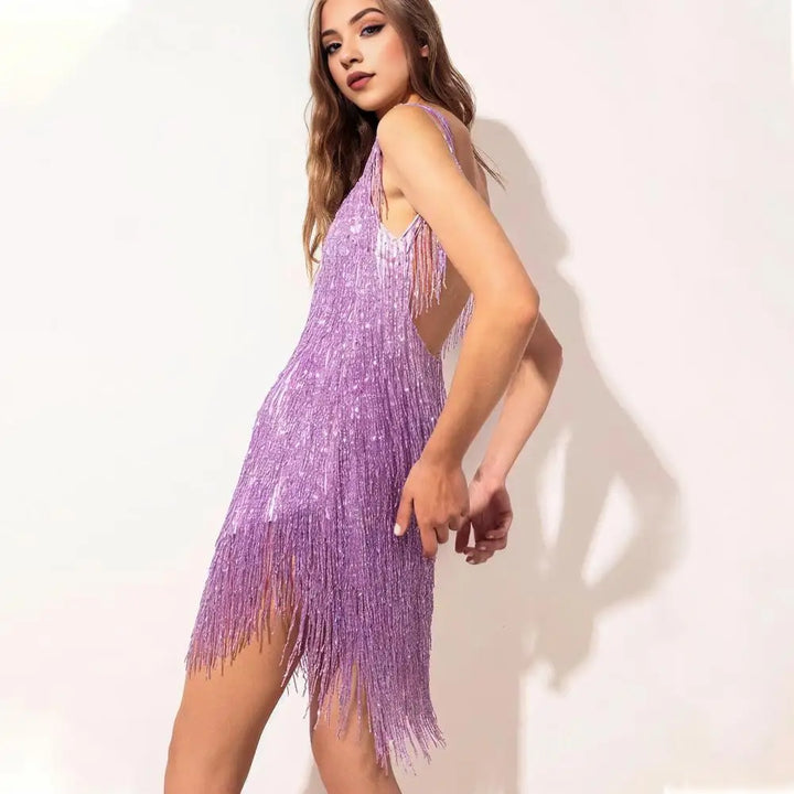 Sequin Dress with Fringes for Parties - Luna-Purple-S-The Livary