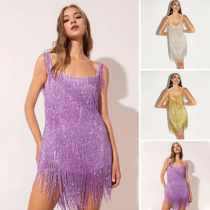 Sequin Dress with Fringes for Parties - Luna-Purple-S-The Livary