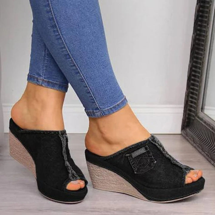 Ladies' denim wedge sandals – Elisabetta-Black-3-The Livary