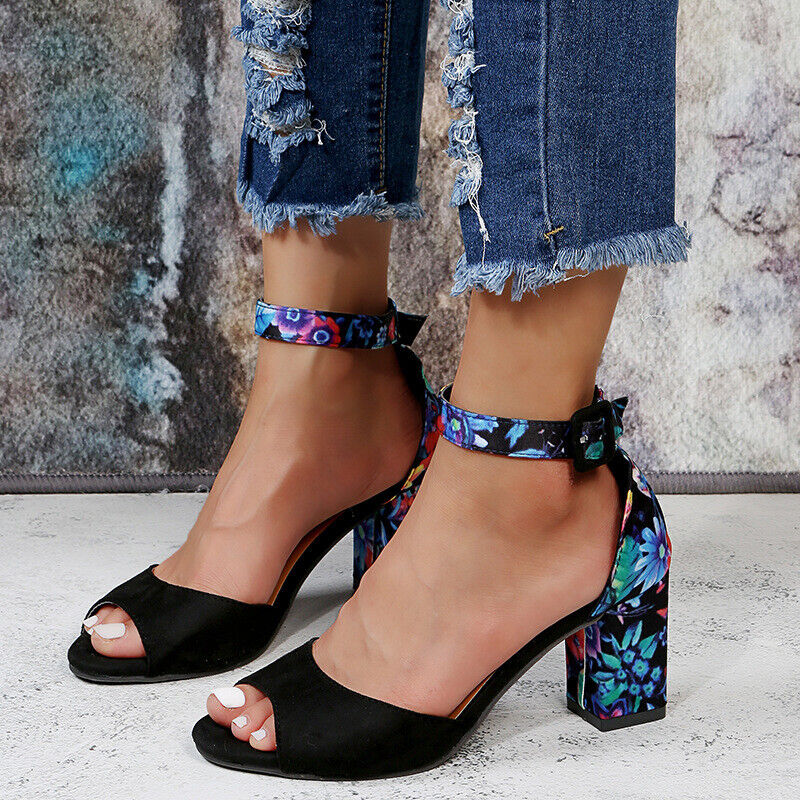Floral High Heels with Ankle Straps - Marcella-Black-3-The Livary