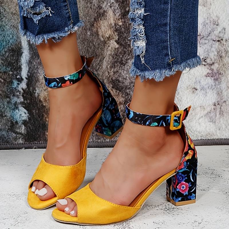 Floral High Heels with Ankle Straps - Marcella-Yellow-3-The Livary