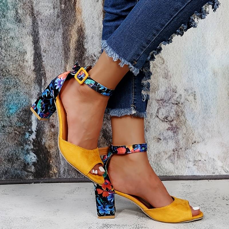 Floral High Heels with Ankle Straps - Marcella-Black-3-The Livary