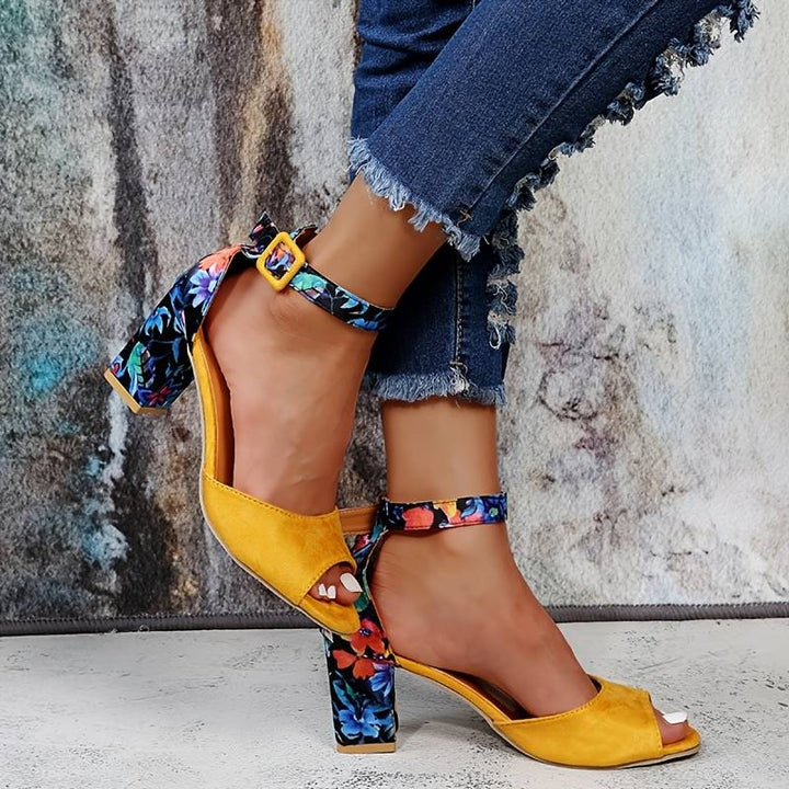 Floral High Heels with Ankle Straps - Marcella-Black-3-The Livary