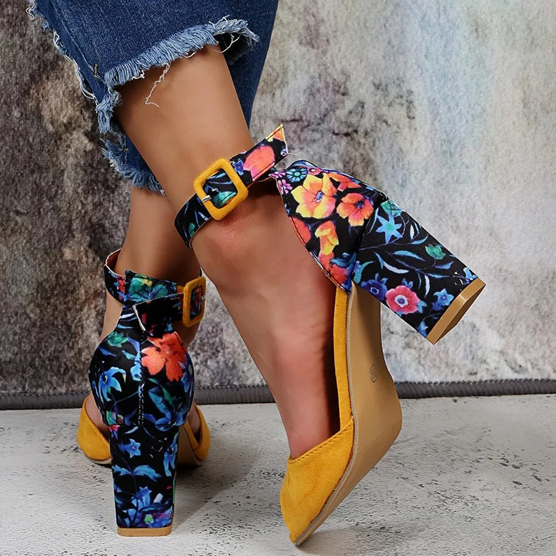 Floral High Heels with Ankle Straps - Marcella-Black-3-The Livary