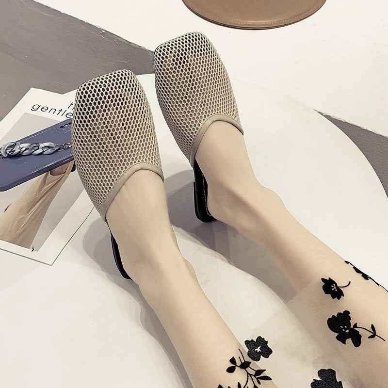 Women's mesh mules with closed toe - Odessa-Beige-3-The Livary