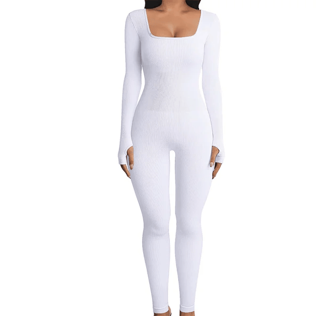Ladies Shapewear Jumpsuit with Long Sleeves - SleekFit-White-S-The Livary