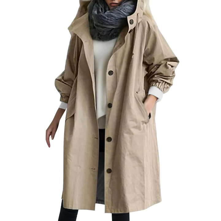 Windproof Women's Trench Coat with Hood - Luna-Khaki-S-The Livary
