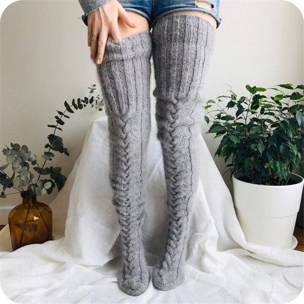 High Knitted Wool Ladies Socks - WarmWool-Grey-The Livary