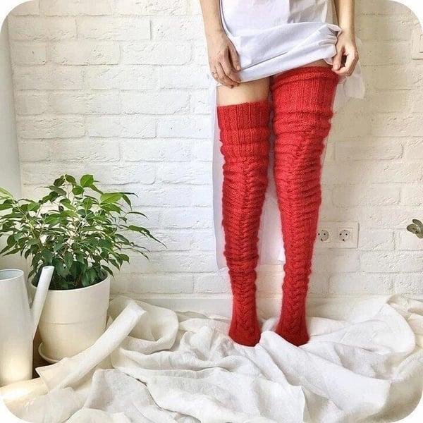High Knitted Wool Ladies Socks - WarmWool-Red-The Livary