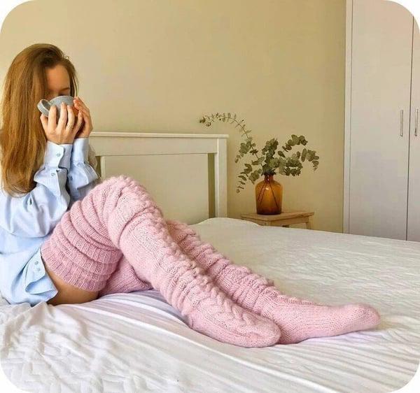 High Knitted Wool Ladies Socks - WarmWool-Pink-The Livary