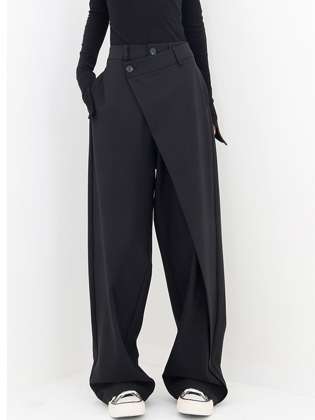 Asymmetrical Wide Women's Trousers with Double Button – Noa-Black-XS-The Livary
