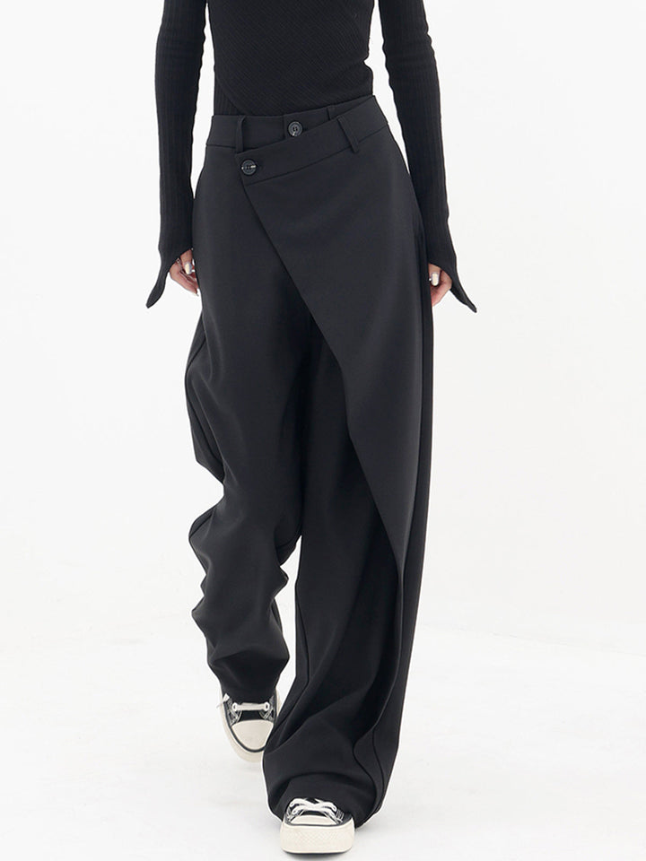 Asymmetrical Wide Women's Trousers with Double Button – Noa-Black-XS-The Livary