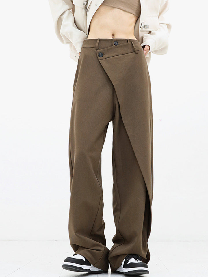 Asymmetrical Wide Women's Trousers with Double Button – Noa-Brown-XS-The Livary