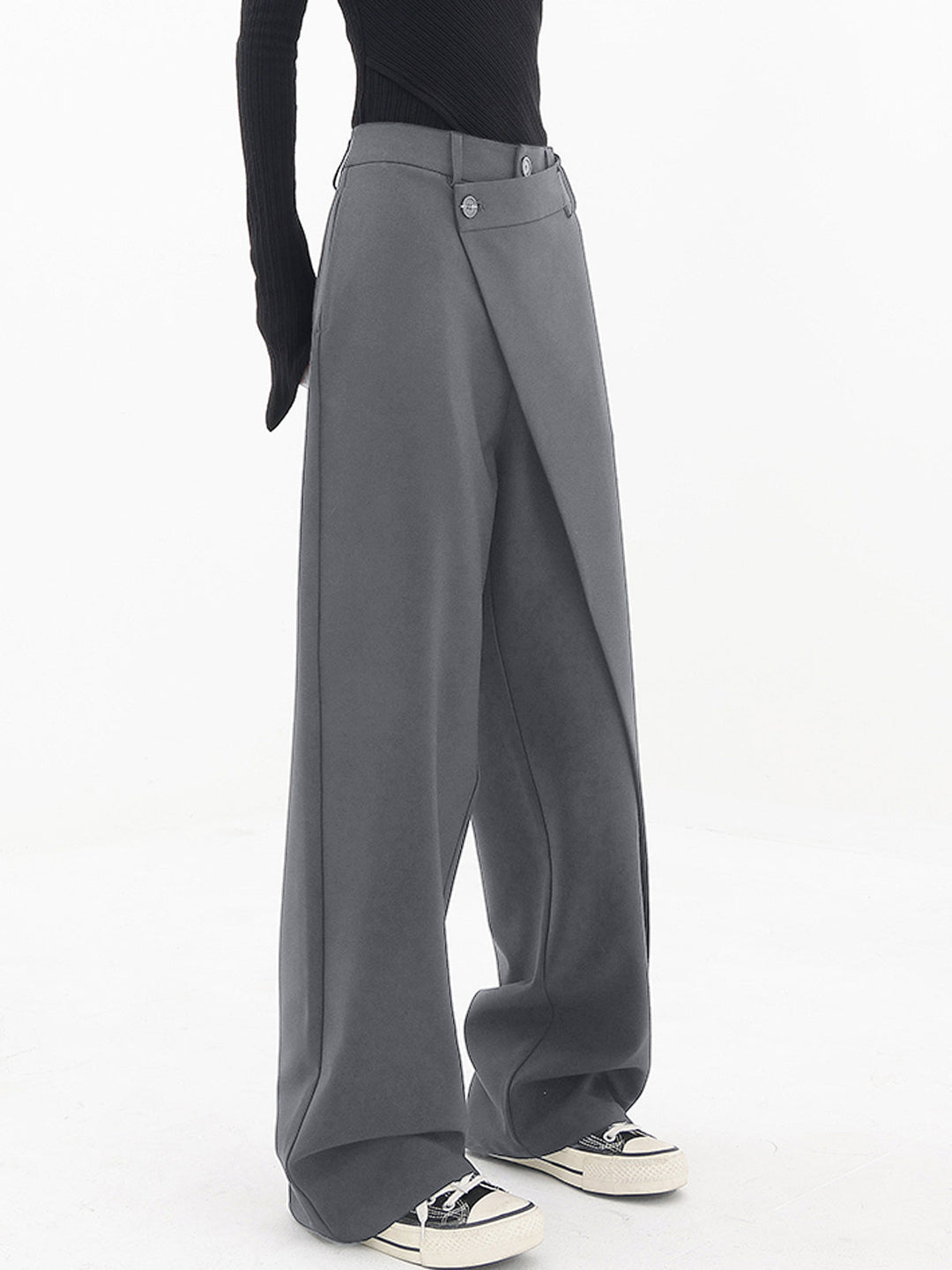 Asymmetrical Wide Women's Trousers with Double Button – Noa-Black-XS-The Livary