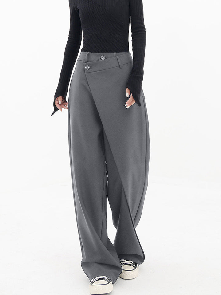 Asymmetrical Wide Women's Trousers with Double Button – Noa-Grey-XS-The Livary