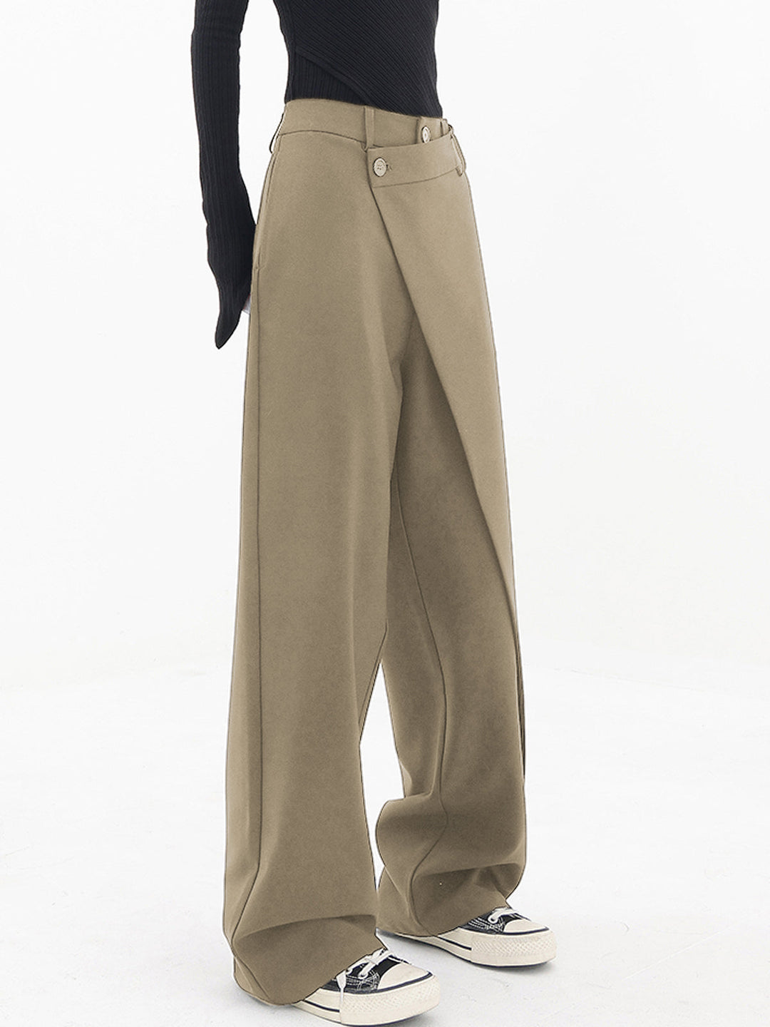 Asymmetrical Wide Women's Trousers with Double Button – Noa-Black-XS-The Livary
