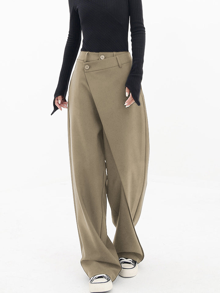 Asymmetrical Wide Women's Trousers with Double Button – Noa-Khaki-XS-The Livary