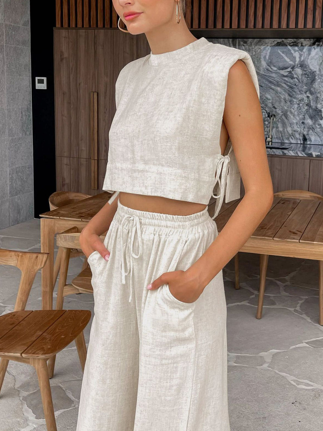 Two-piece summer set with crop top and trousers – Valeria-Beige-S-The Livary
