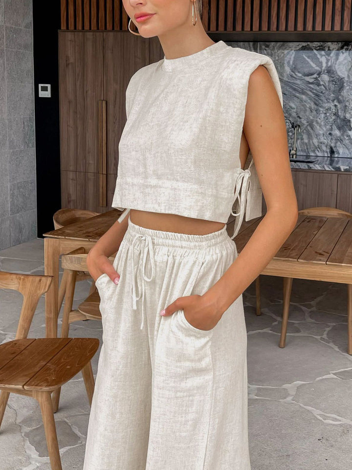 Two-piece summer set with crop top and trousers – Valeria-Beige-S-The Livary