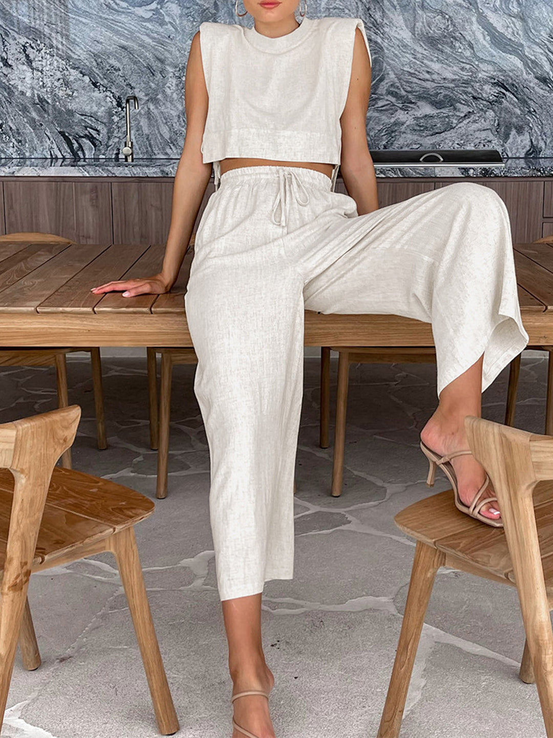 Two-piece summer set with crop top and trousers – Valeria-Beige-S-The Livary