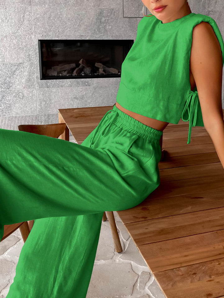 Two-piece summer set with crop top and trousers – Valeria-Green-S-The Livary