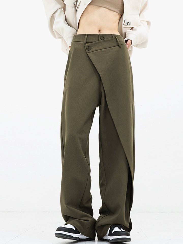 Asymmetrical Wide Women's Trousers with Double Button – Noa-Green-XS-The Livary