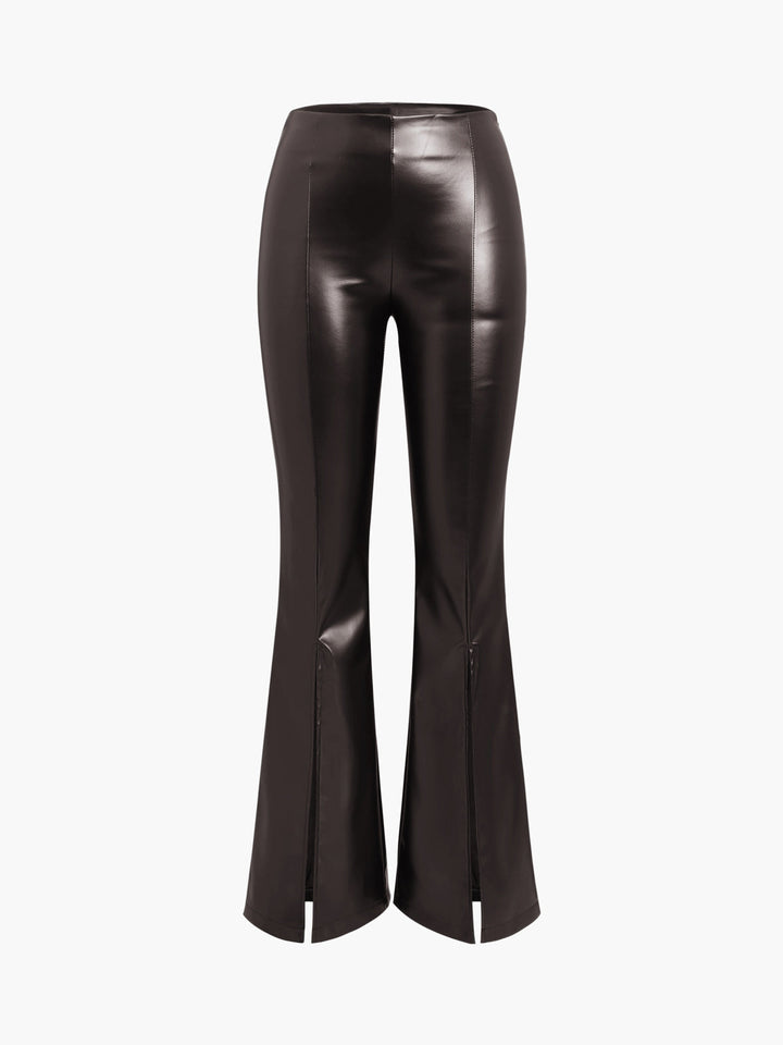Flared Ladies Trousers in Imitation Leather - Sofia-Dark brown-XS-The Livary