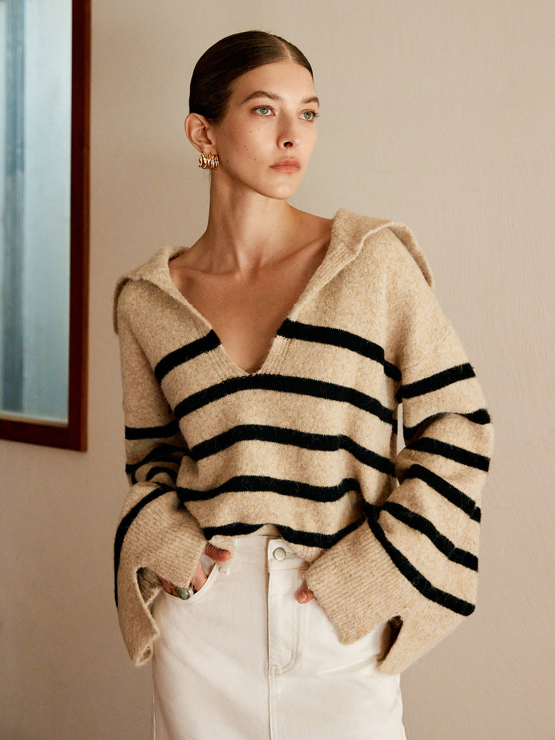 Oversized Striped Sweater for Women - Celina-Beige-XS-The Livary