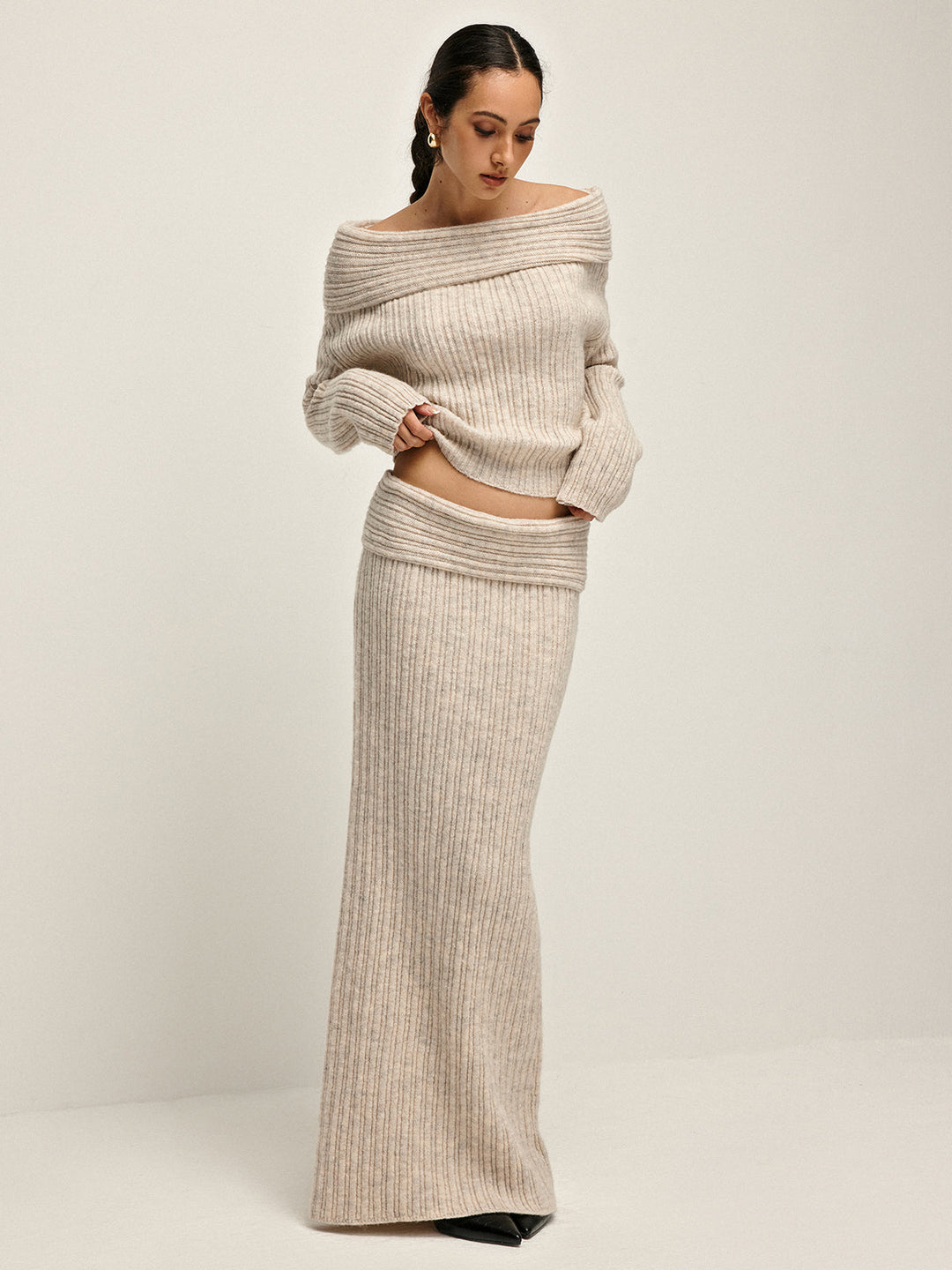 Beige Off-Shoulder Warm Sweater for Women - Amira-XS-The Livary