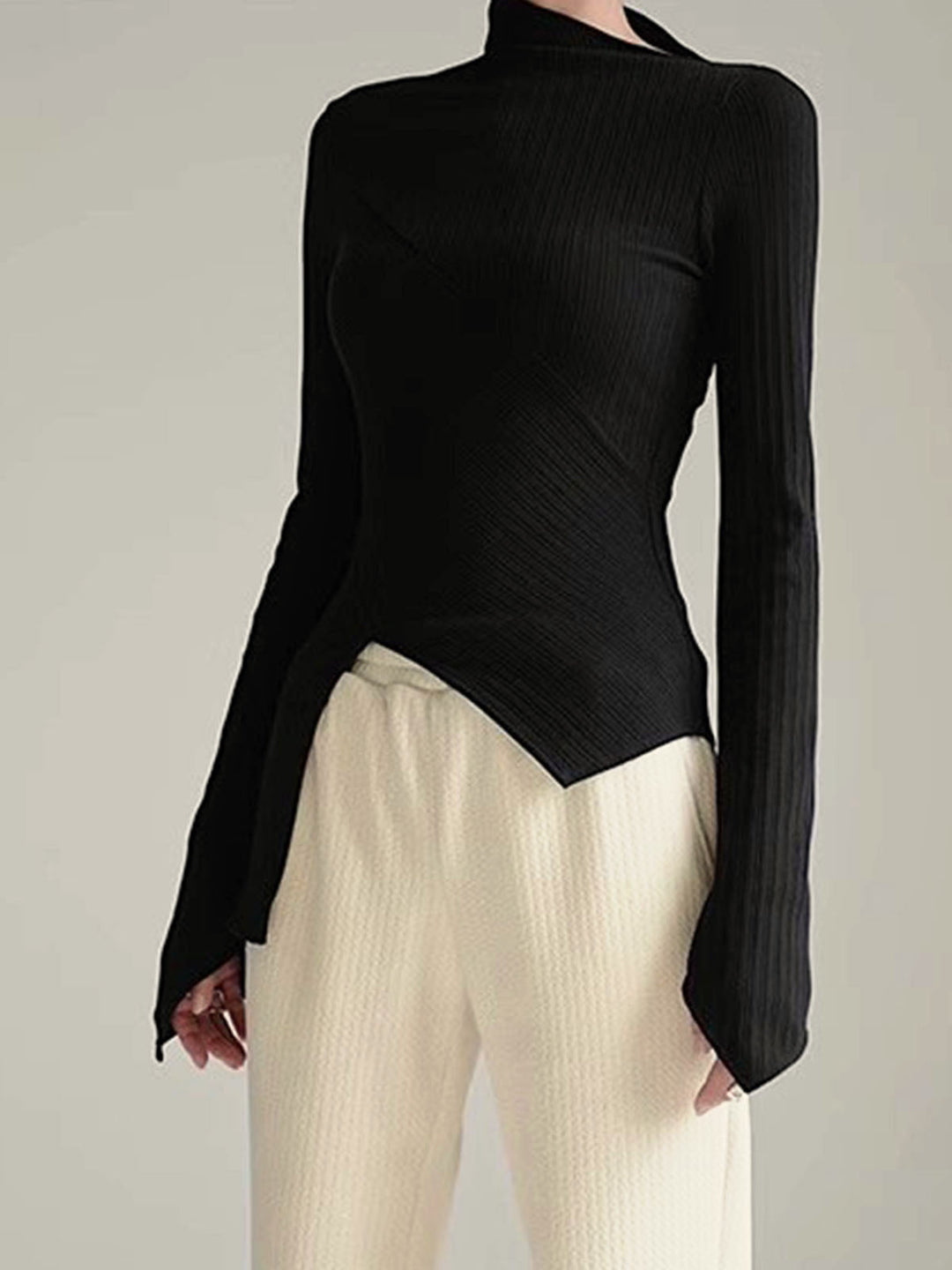 Asymmetrical Jumper with Cut for Ladies - Amelia-Black-XS-The Livary