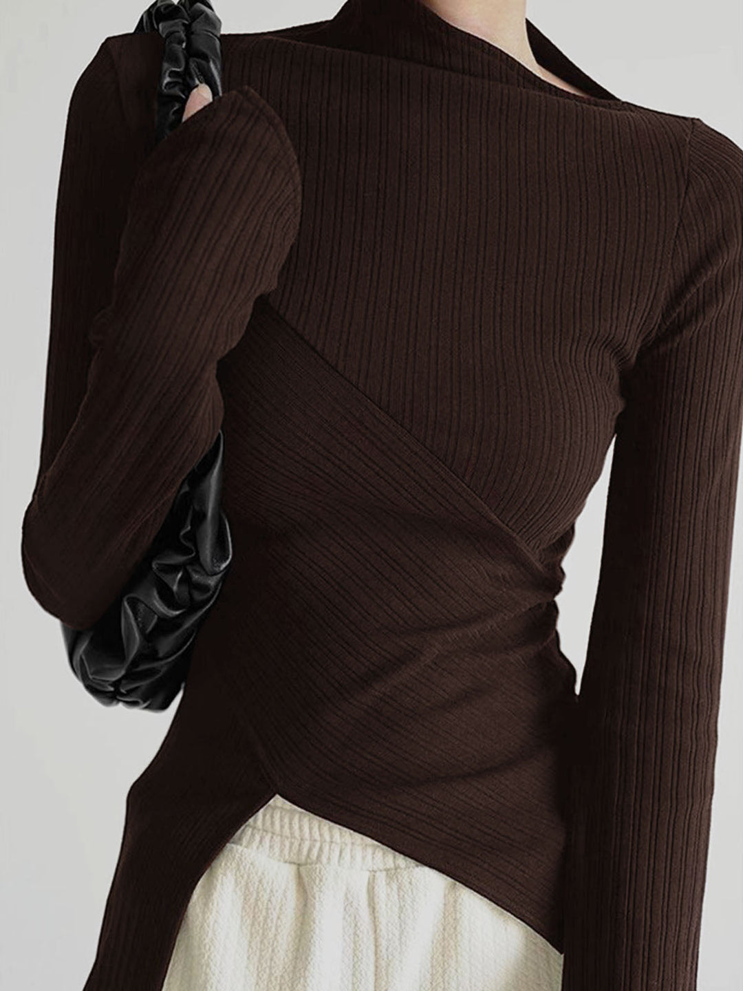 Asymmetrical Jumper with Cut for Ladies - Amelia-Brown-XS-The Livary