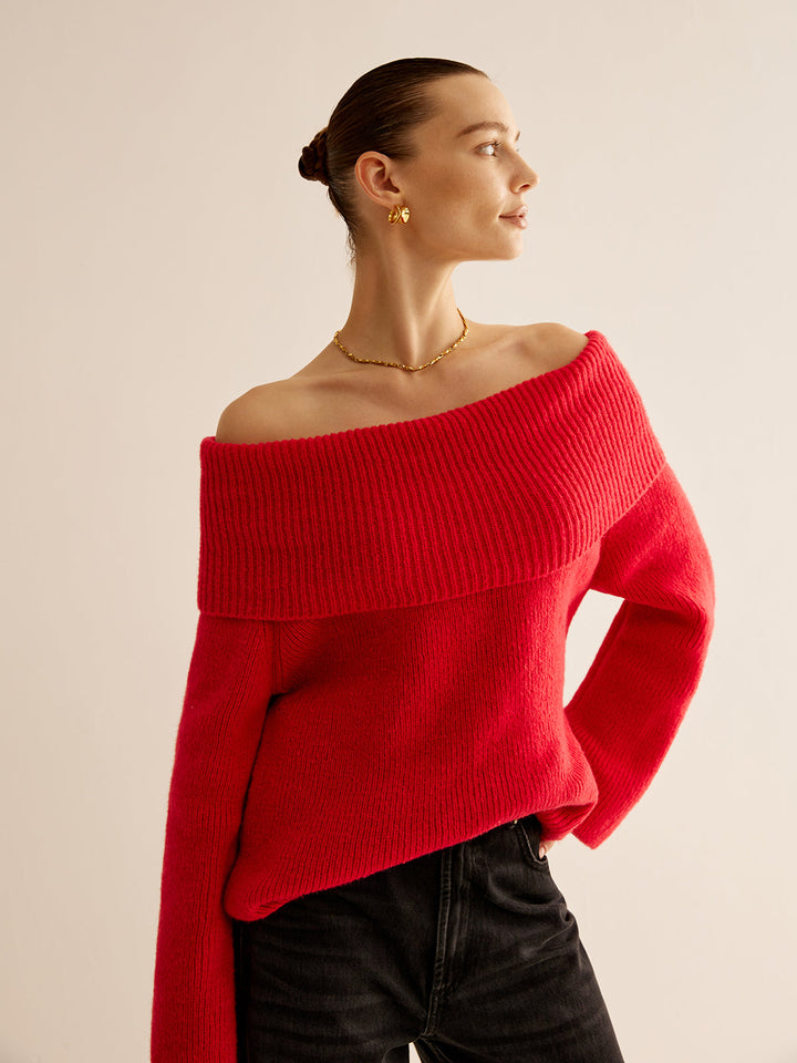 Red Off Shoulder Sweater for Women - Livia-XS-The Livary