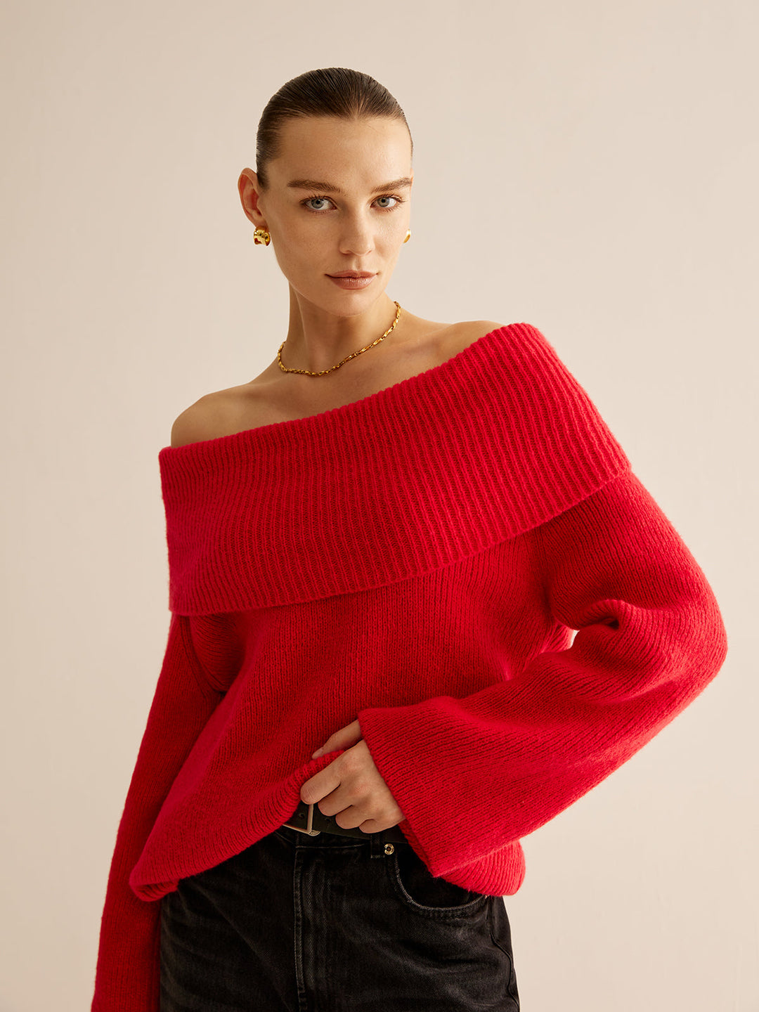 Red Off Shoulder Sweater for Women - Livia-XS-The Livary