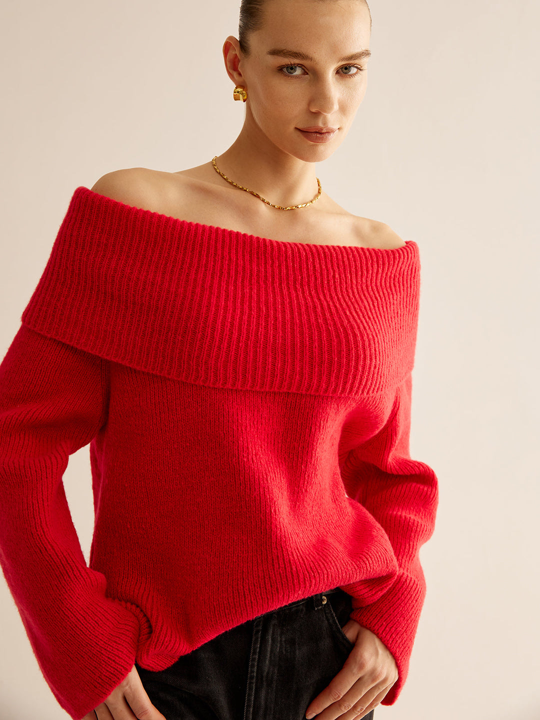 Red Off Shoulder Sweater for Women - Livia-XS-The Livary