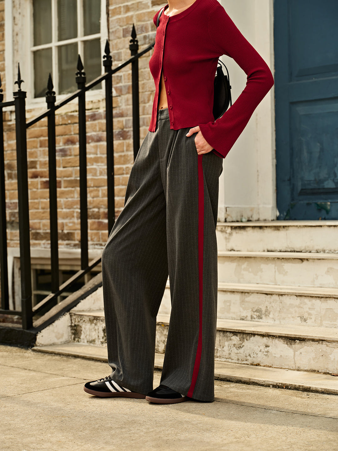 Trendy Chalk Stripe High-Waist Trousers - Liora-Grey-XS-The Livary