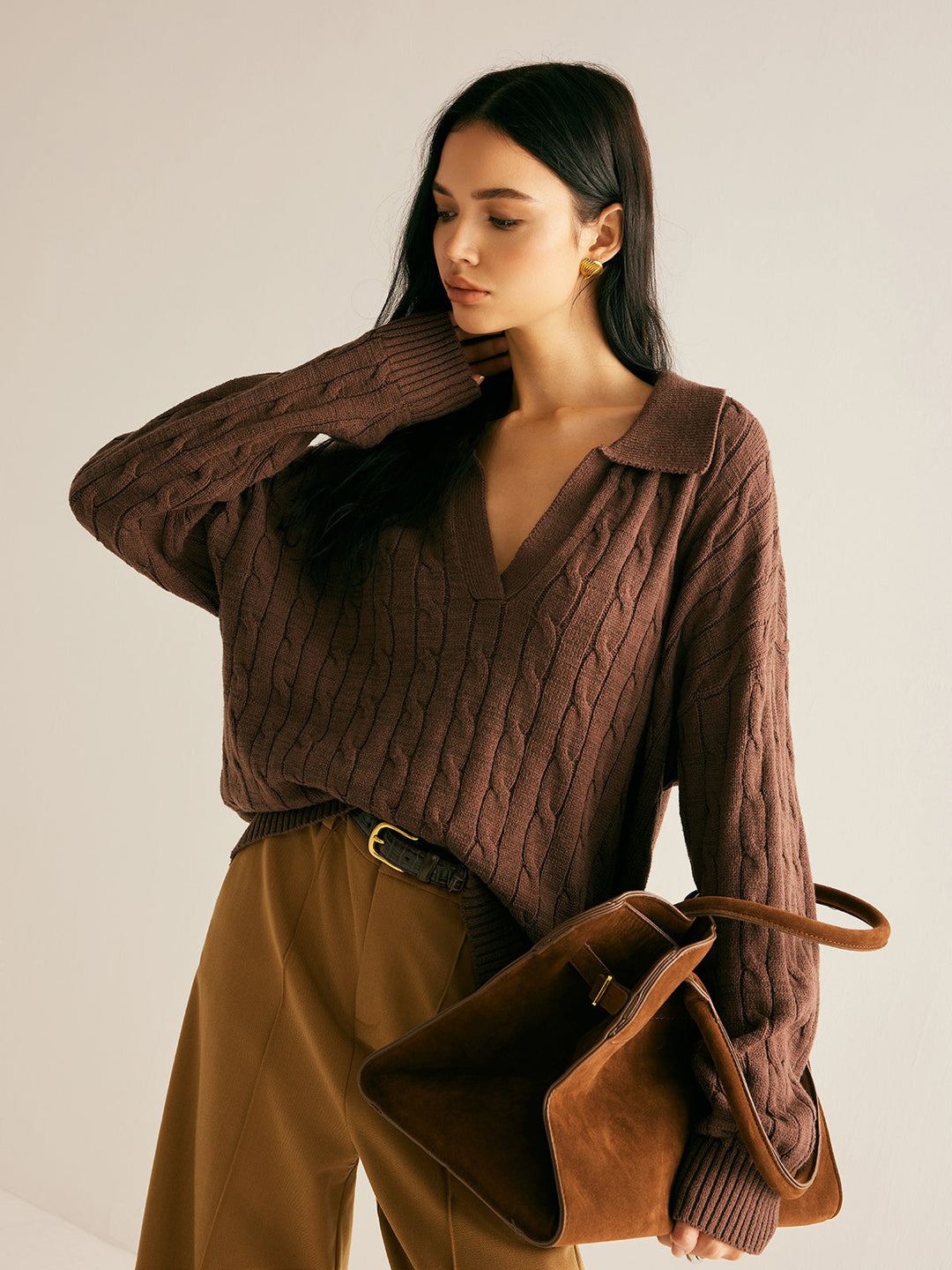 Brown V-Neck Jumper for Women - Sienna-XS-The Livary