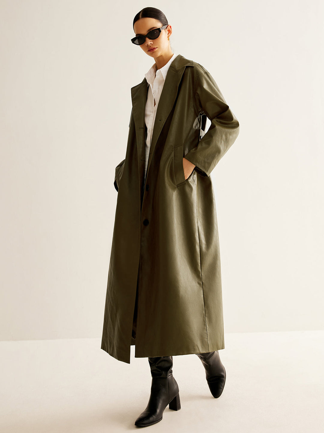 Vintage Green Long Leather Jacket for Women - Aurelia-XS-The Livary