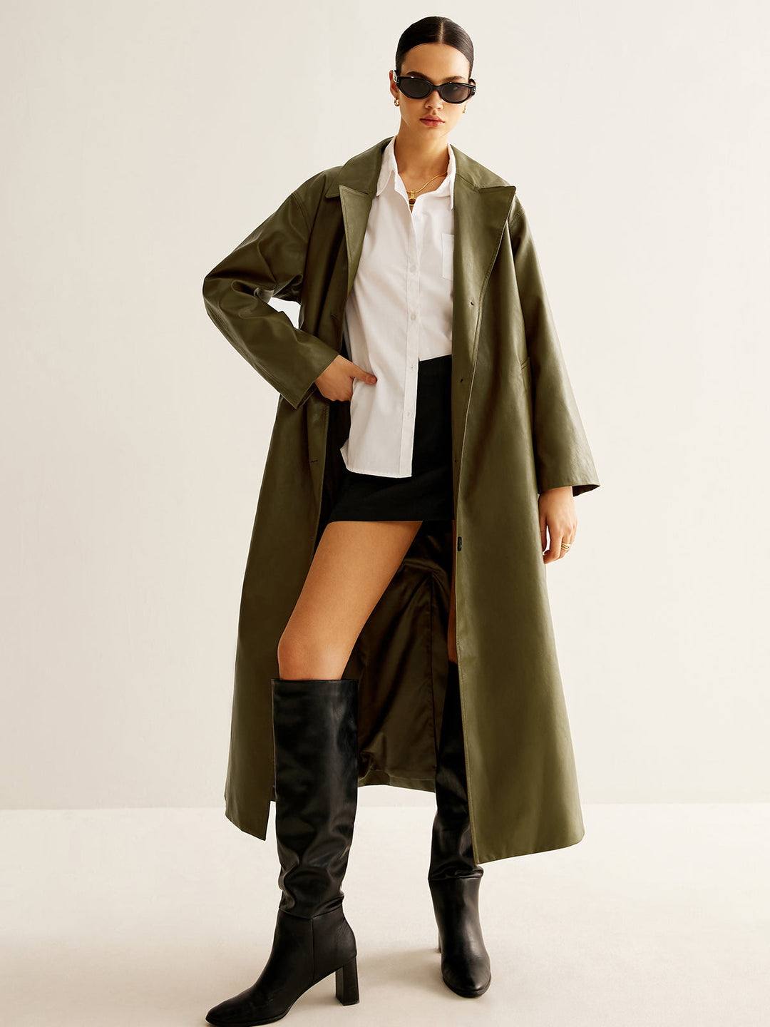 Vintage Green Long Leather Jacket for Women - Aurelia-XS-The Livary