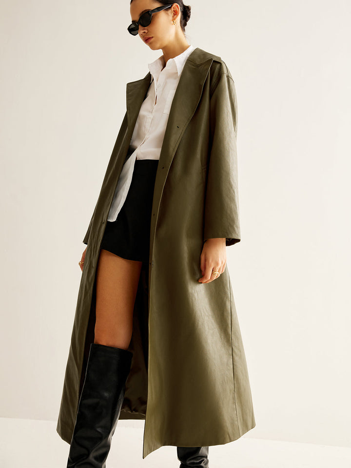 Vintage Green Long Leather Jacket for Women - Aurelia-XS-The Livary