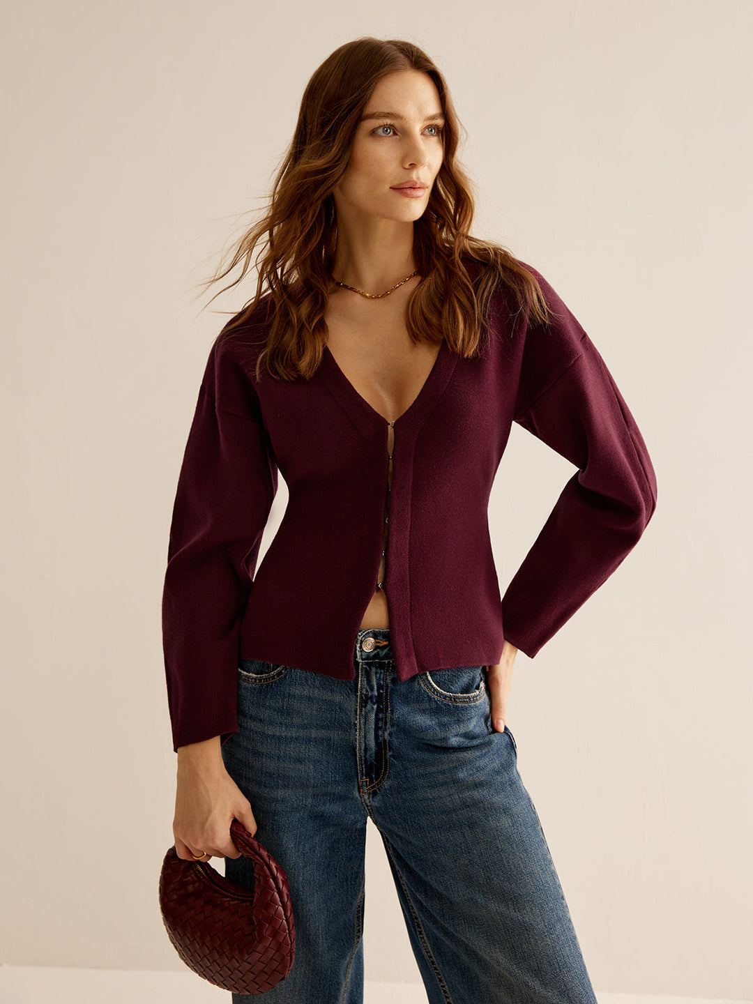 V-Neck Sweater for Women - Celeste-Bordeaux-XS-The Livary