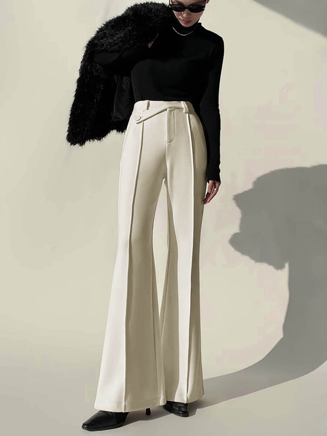 White High-Waist Trousers with Wide Legs for Women - Amara-XS-The Livary