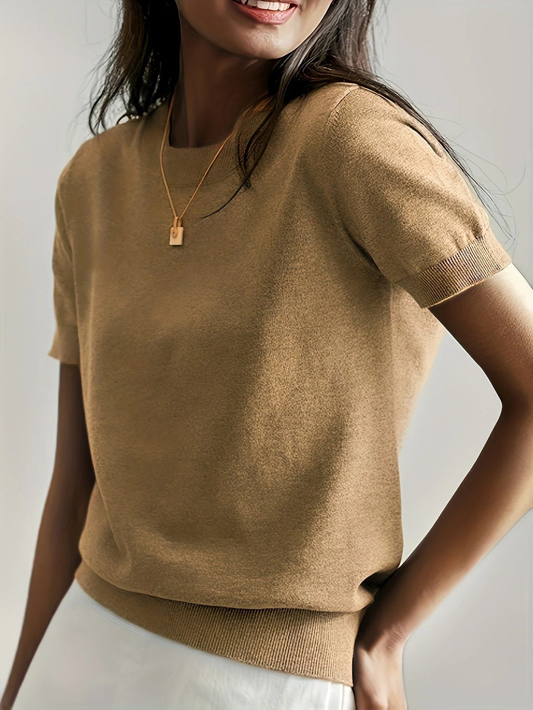 Spring Sweater with Short Sleeves – Mira-Beige-XS-The Livary